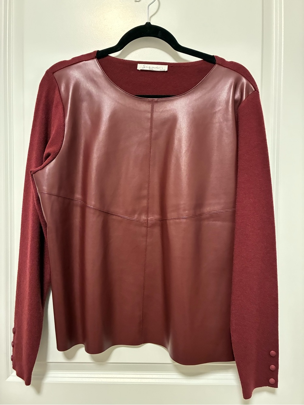 Sioni Burgundy Faux-Leather Front Knit-Sleeve Sweatshirt